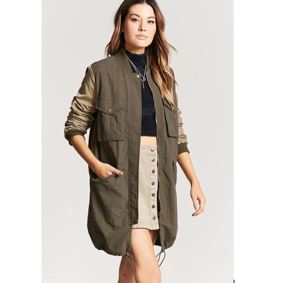 Forever 21 Jackets & Blazers - NWT Longline Shine Graphic Bomber Jacket in Olive
